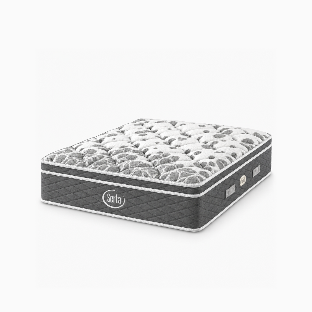מזרן Serta Grand Waldorf בגוון אפור במבט תלת־רבעי על רקע לבן